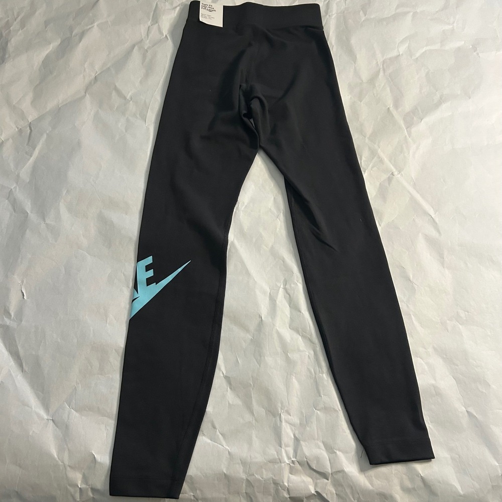 Nike Womens Black Tight Fit High Rise Full Length‎ Leggings XS Light Blue Swoosh